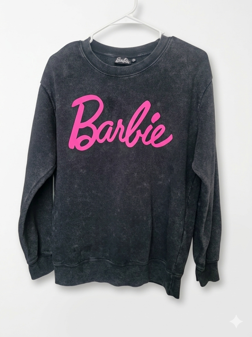 Official Barbie Script Logo Graphic Crewneck – Acid/Mineral Wash Charcoal